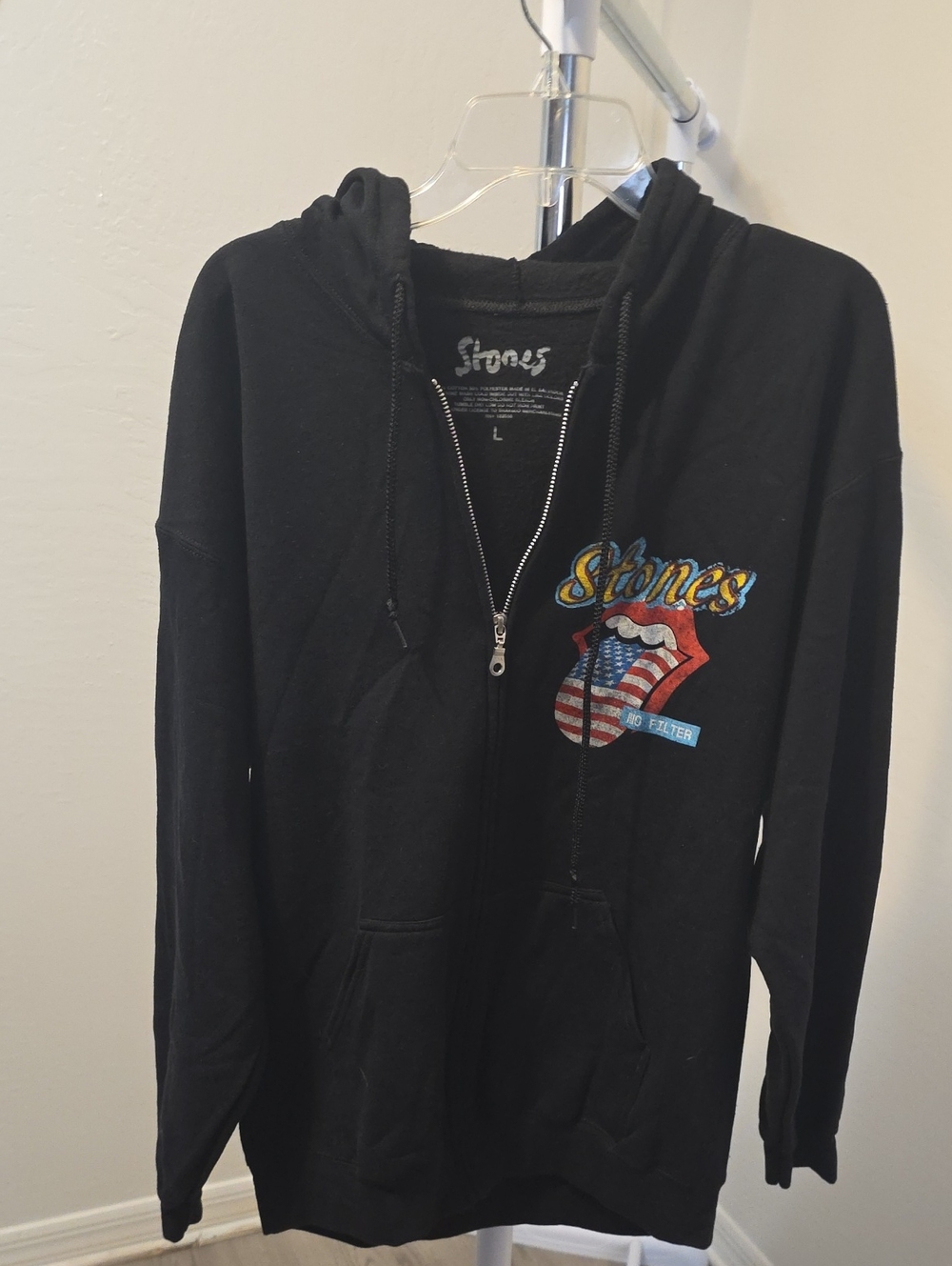 the Rolling Stones Black Zip-Up Hoodie with Flag Tongue Graphic